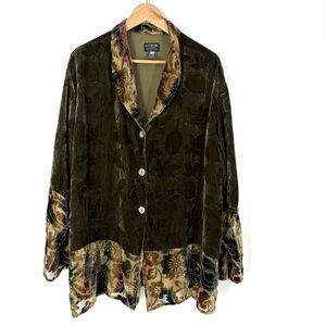Citron Tunic Top Large Olive Velvet Burnout Floral Boho Button Up Artsy Luxury